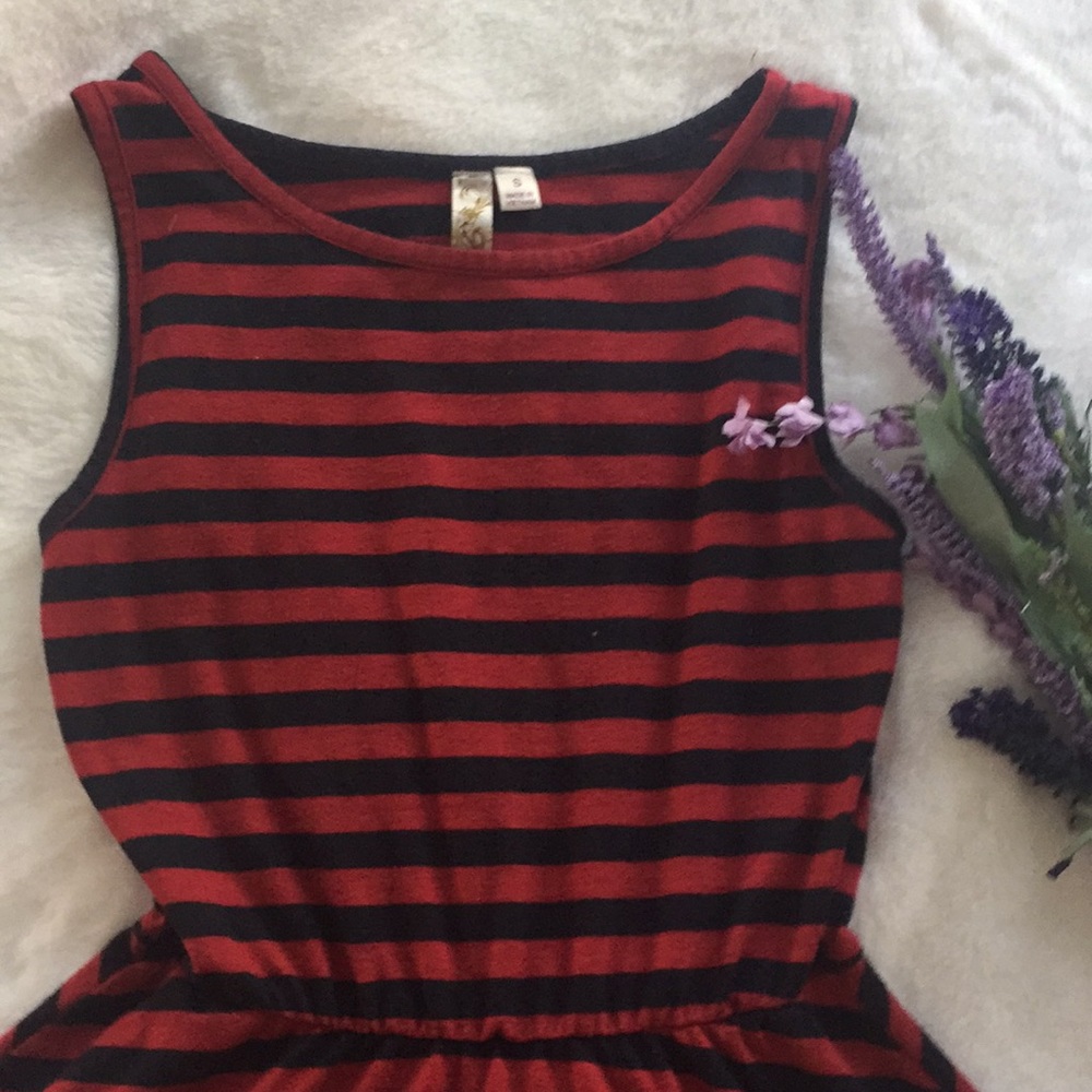Girl’s tank top style red and black striped dress.